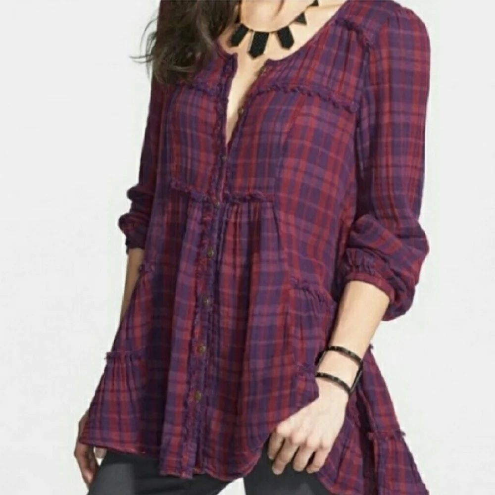 Free People Whistle While You Work plaid gauze button up swingy babydoll top
